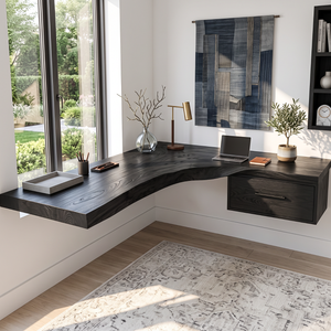 Floating Corner Desk Solid Wood with Live Edge Top and Built-In Drawer for Home Office