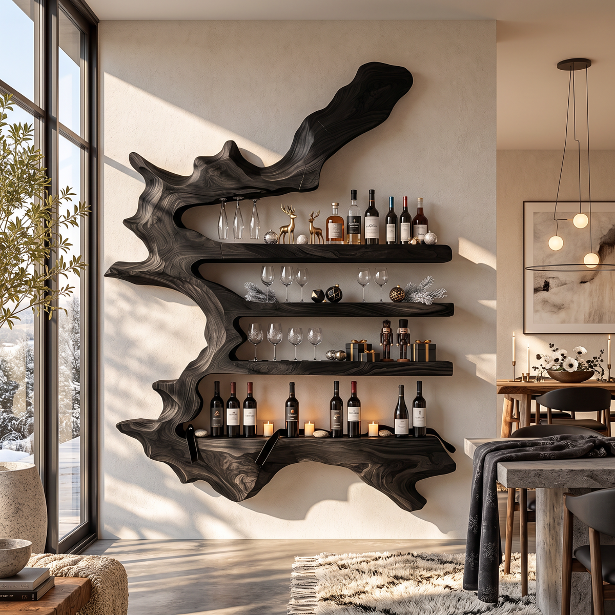 Branch Form Solid Wood Wall Wine Rack with Four Shelves