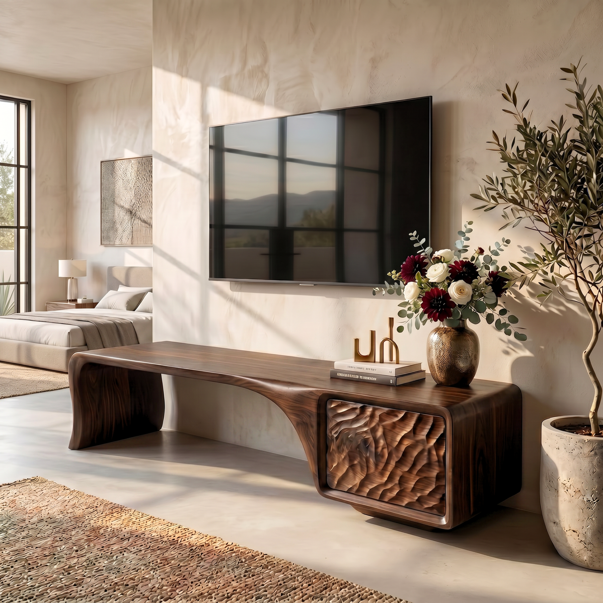 Organic Solid Wood TV Console with Sculptural Carved Cabinet Door