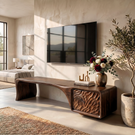 Organic Solid Wood TV Console with Sculptural Carved Cabinet Door