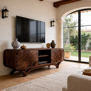 Sculptural Solid Wood TV Stand with Organic Wave Carving