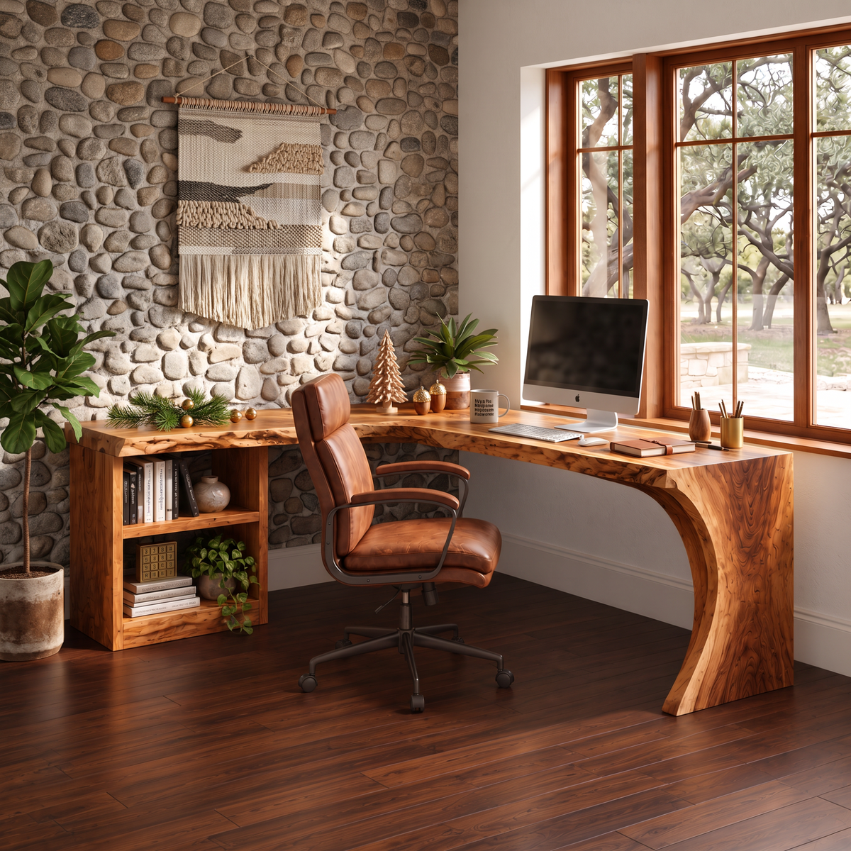 Organic L-Shaped Solid Wood Desk With Open Shelf For Home Office