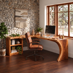 Organic L-Shaped Solid Wood Desk With Open Shelf For Home Office