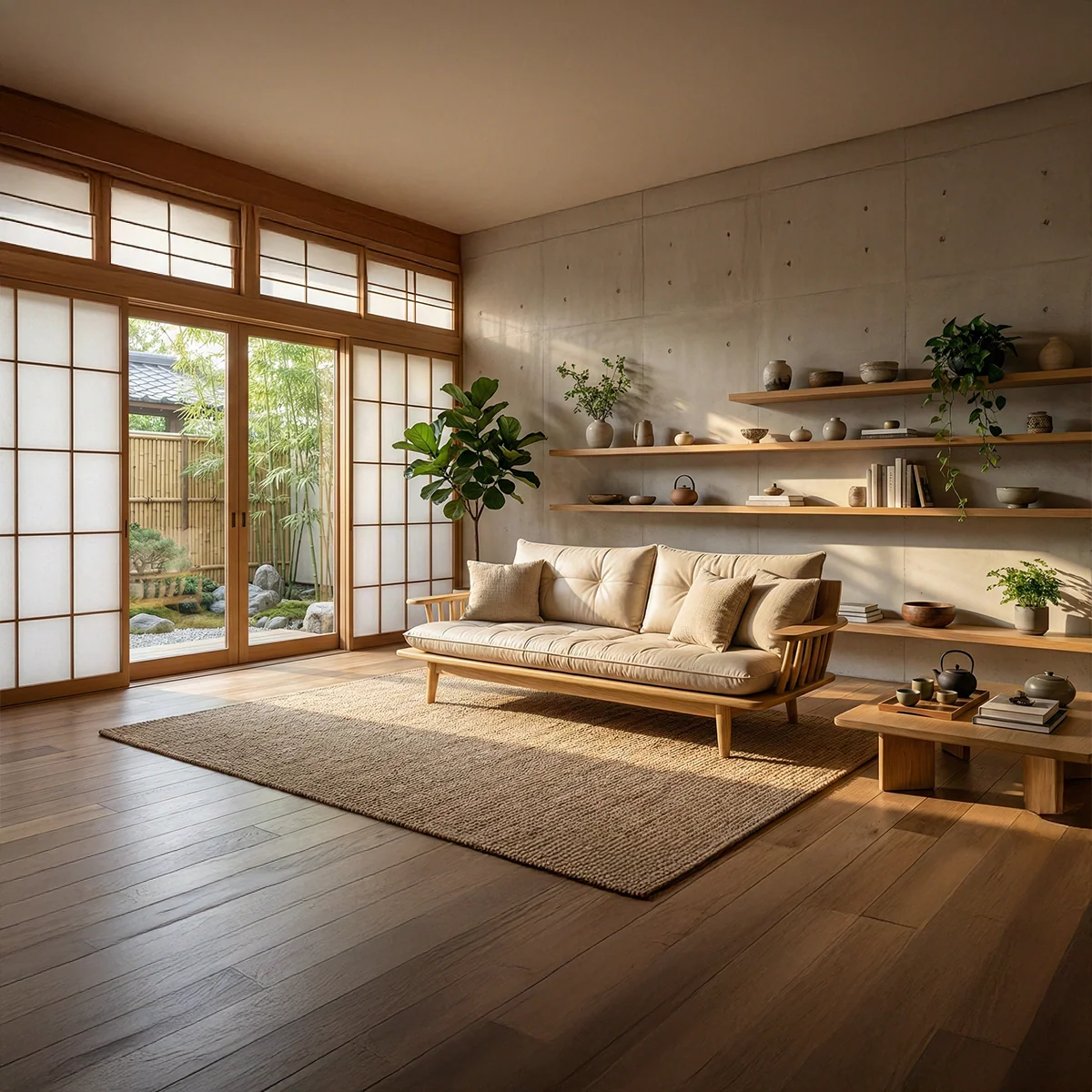 Scandinavian Solid Wood Sofa Japandi Style Minimalist Upholstered Living Room Couch
