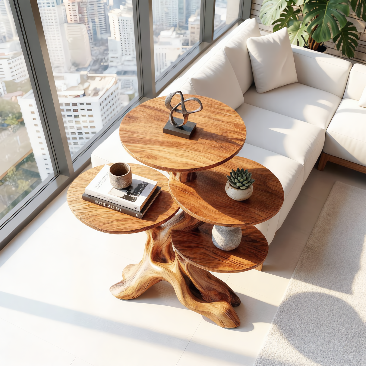 Branch Form Four Tier Wood Accent Table with Sculptural Root Base