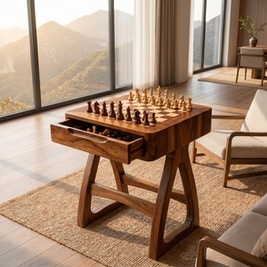 Handcrafted Solid Wood Chess Table with Storage Drawer and Sculptural Base