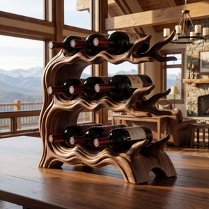 Tiered Solid Wood Wine Rack with Sculptural Wave Form Organic Bottle Holder Tabletop Display