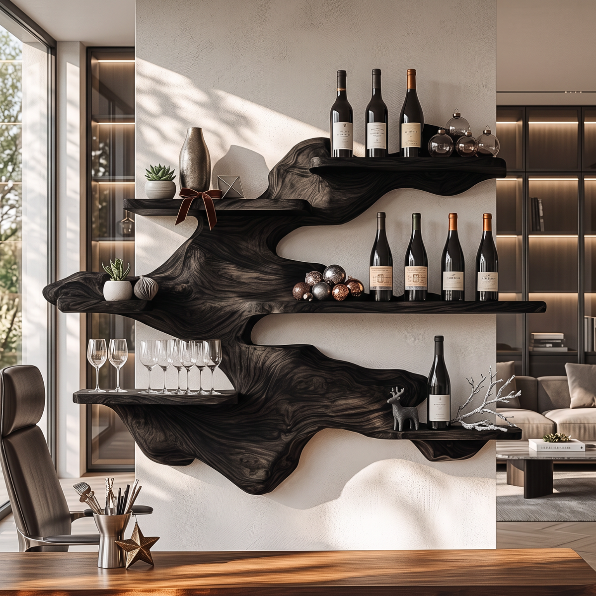 Sculptural Solid Wood Wall Mounted Wine Rack with Staggered Display Shelves