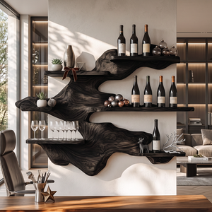 Sculptural Solid Wood Wall Mounted Wine Rack with Staggered Display Shelves