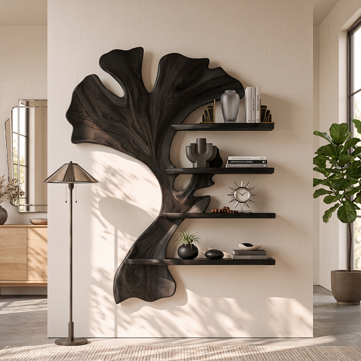 Wall Shelf Solid Wood Ginkgo Leaf Sculpture with Floating Display Shelves for Living Room Decor