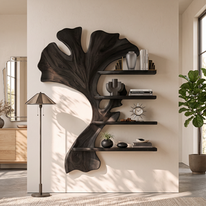 Wall Shelf Solid Wood Ginkgo Leaf Sculpture with Floating Display Shelves for Living Room Decor