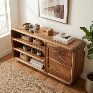 Solid Wood Rounded Sideboard with Open Shelves for Living Room