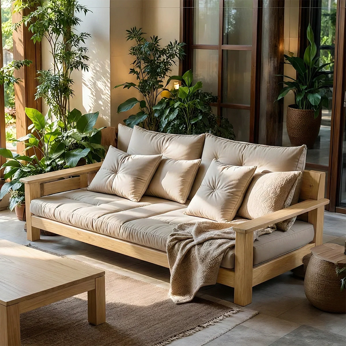 Natural Oak Sofa with Plush Linen Cushions for Organic Modern Interiors