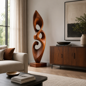 Handcrafted Solid Wood Abstract Floor Sculpture with Layered Open Form