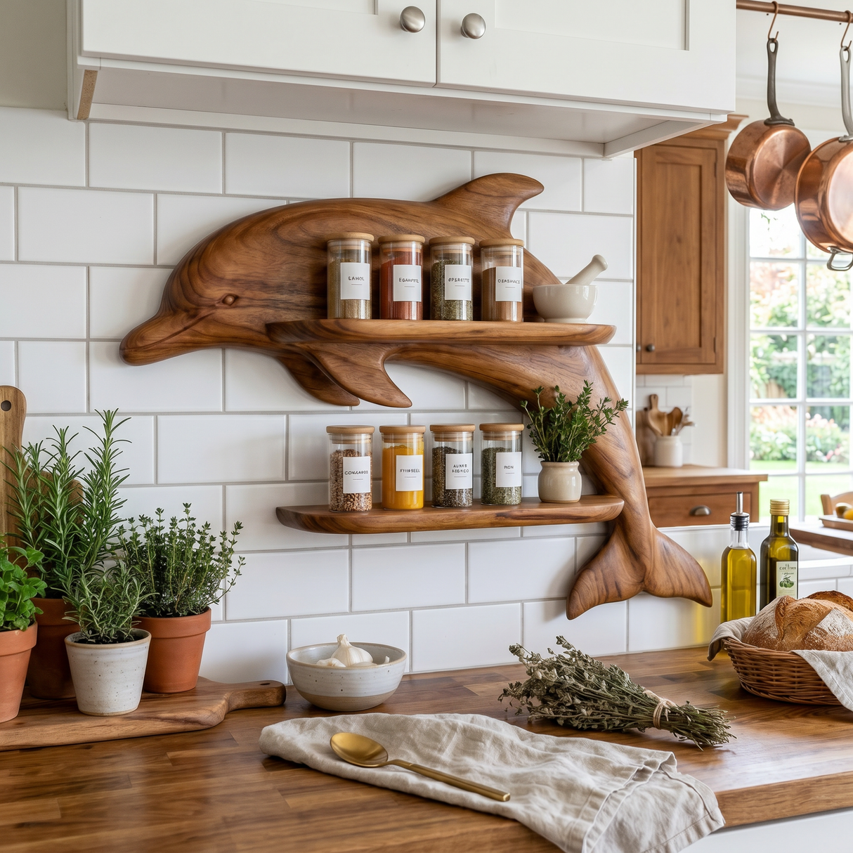 Solid Wood Dolphin Spice Rack with Double Shelf Wall Storage for Kitchen