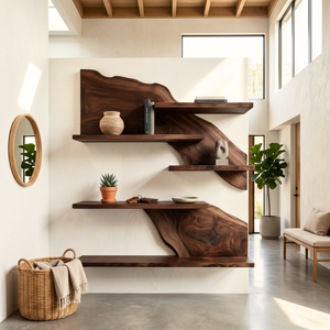Live Edge Wooden Bathroom Shelf Handmade Floating Solid Wood Wall Storage Organizer
