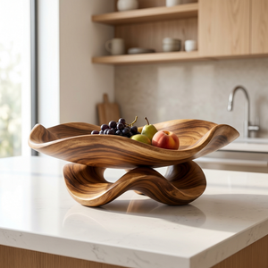 Solid Wood Ripple Fruit Bowl with Sculptural Wave Base and Flowing Rim