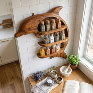 Handmade Solid Wood Dolphin Spice Organizer with Three Open Kitchen Shelves