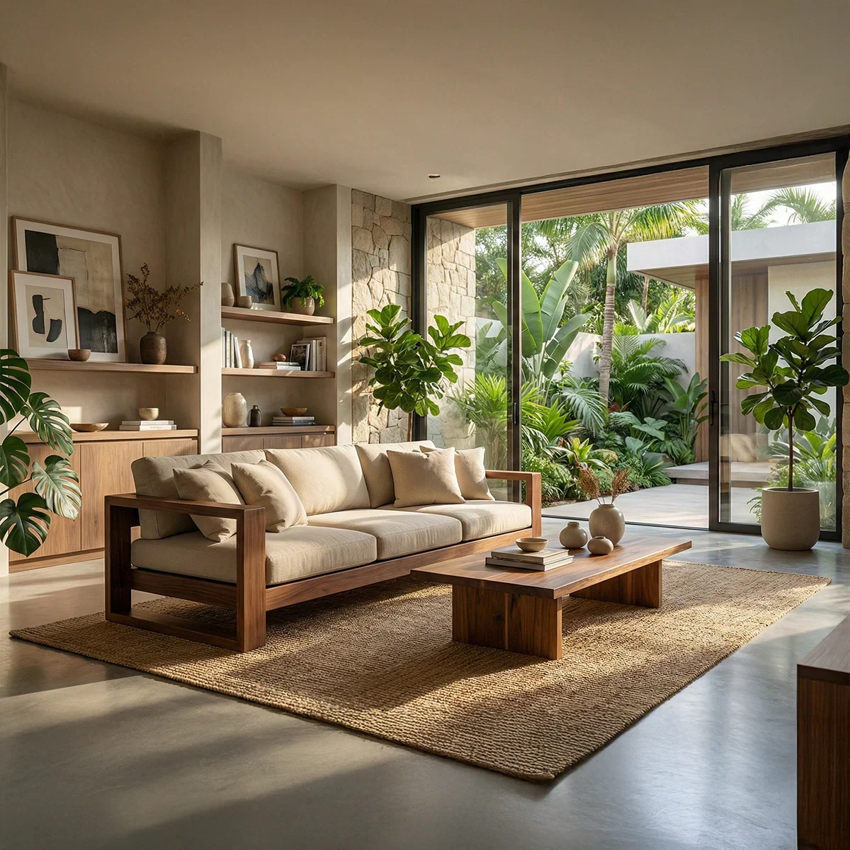 Black Solid Wood Sofa with Linen Cushions for Minimalist Modern Living
