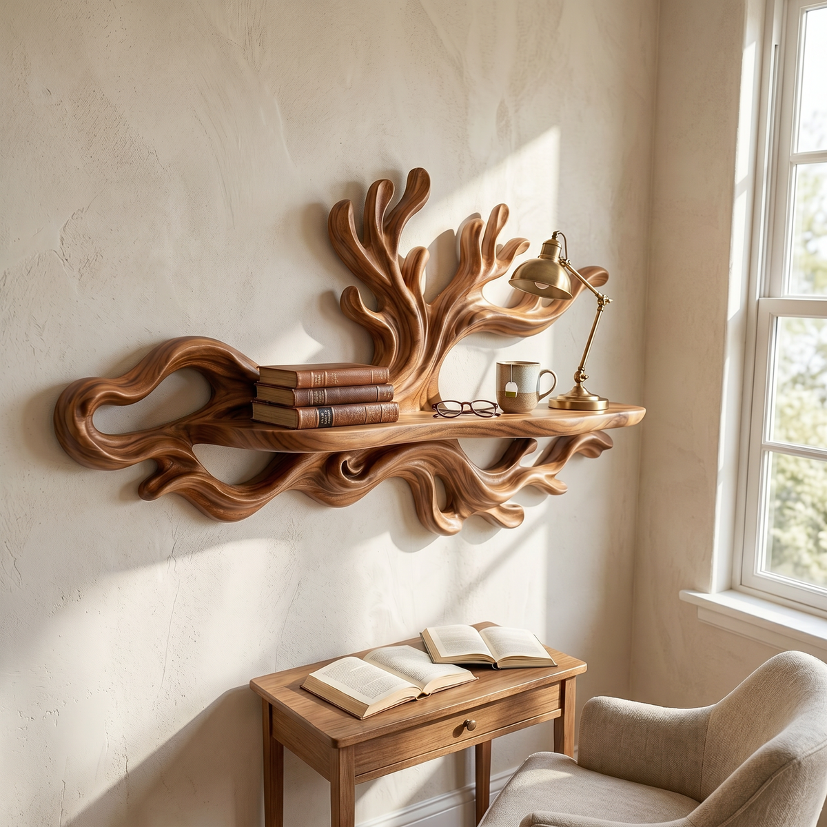 Organic Solid Wood Wave Crest Wall Shelf for Coastal Interiors