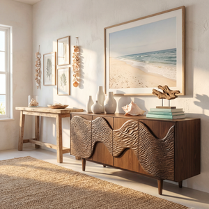 Sculpted Wave Front Wood Sideboard Cabinet for Living Room or Dining Room