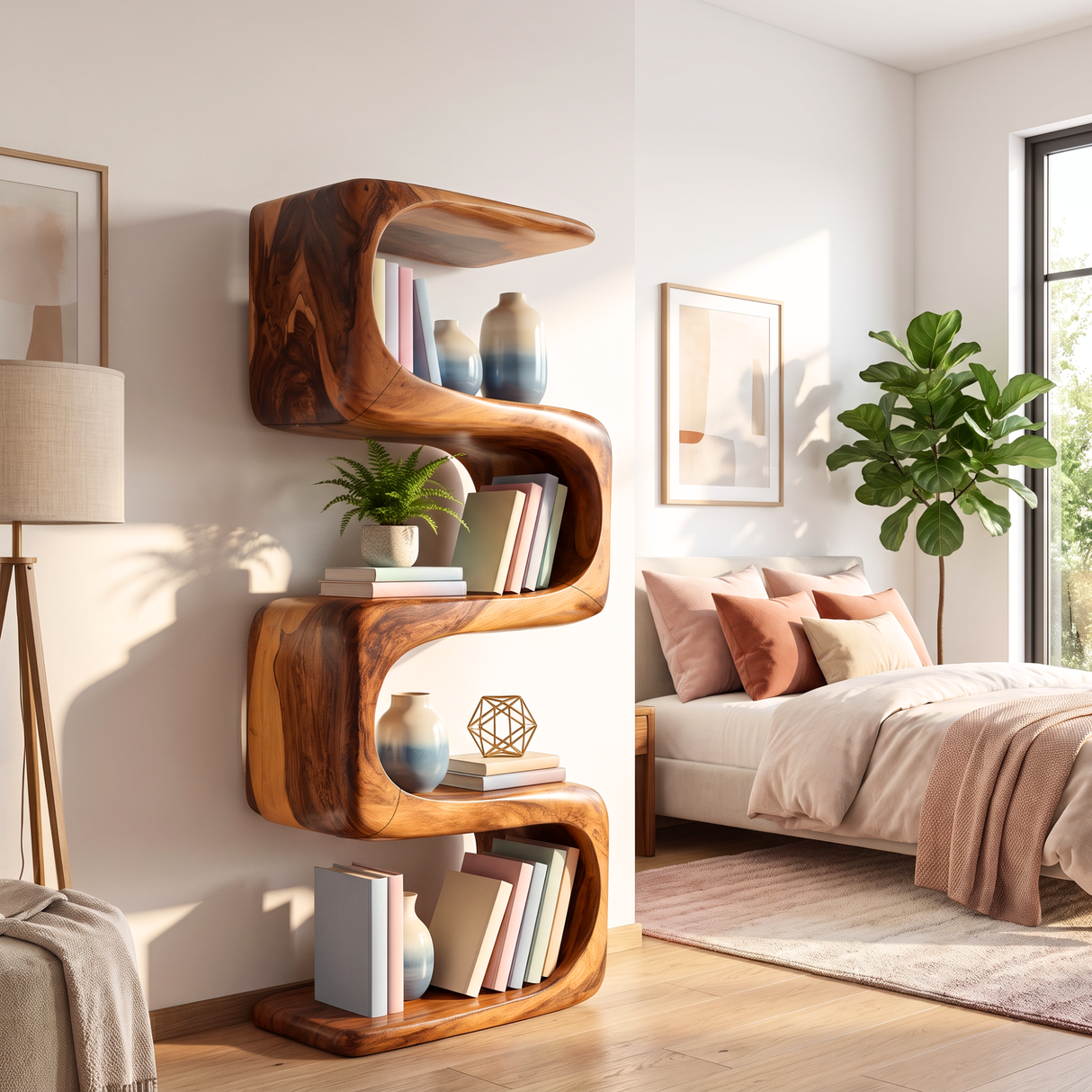 Bookshelf Solid Wood with Sculptural S Curve Shelves