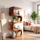 Bookshelf Solid Wood with Sculptural S Curve Shelves