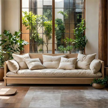 Japanese Style Low Wooden Sofa with Linen Cushions  Zen Solid Wood Platform Couch