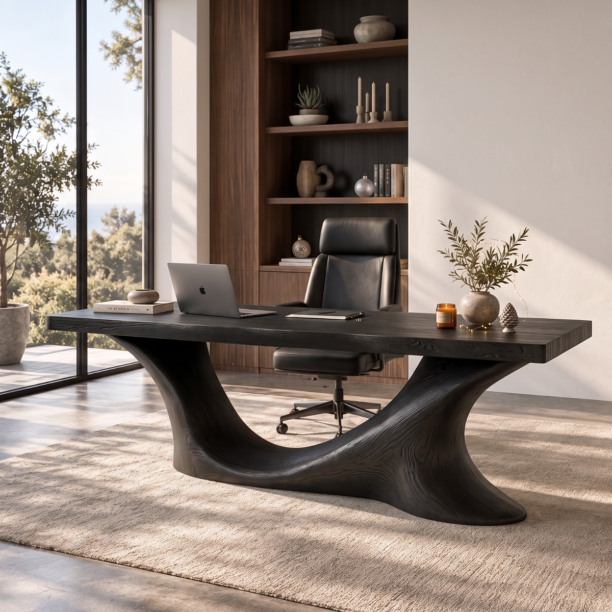 Handcrafted Solid Wood Executive Desk with Sculptural Wave Base