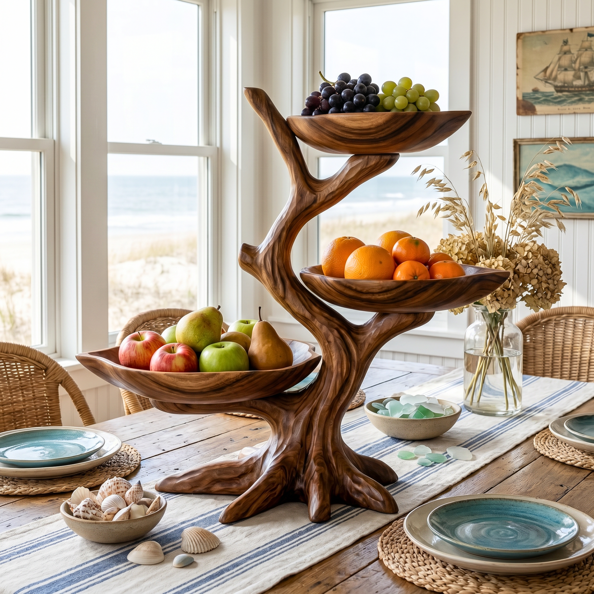 Solid Wood Three Tier Fruit Bowl Stand with Sculptural Branch Design