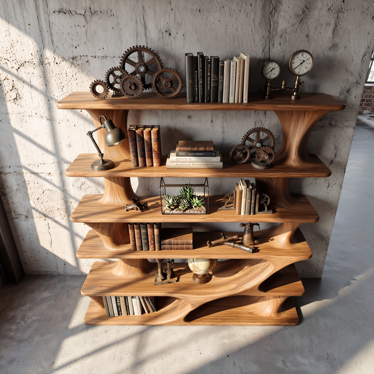 Architectural Tiered Wood Bookcase with Flowing Open Shelves