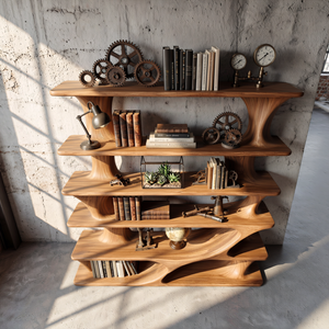 Architectural Tiered Wood Bookcase with Flowing Open Shelves
