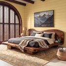 Handcrafted Solid Wood Platform Bed with Sculptural Headboard for Bedroom