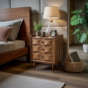 Handcrafted Solid Wood Bedside Table with Sculpted Drawers
