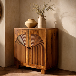 Solid Wood Sideboard with Arched Slat Doors Modern Japandi Storage Cabinet for Living Room