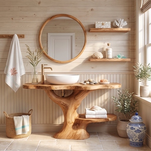 Bathroom Vanity Solid Wood with Tree Form Pedestal and Towel Shelf