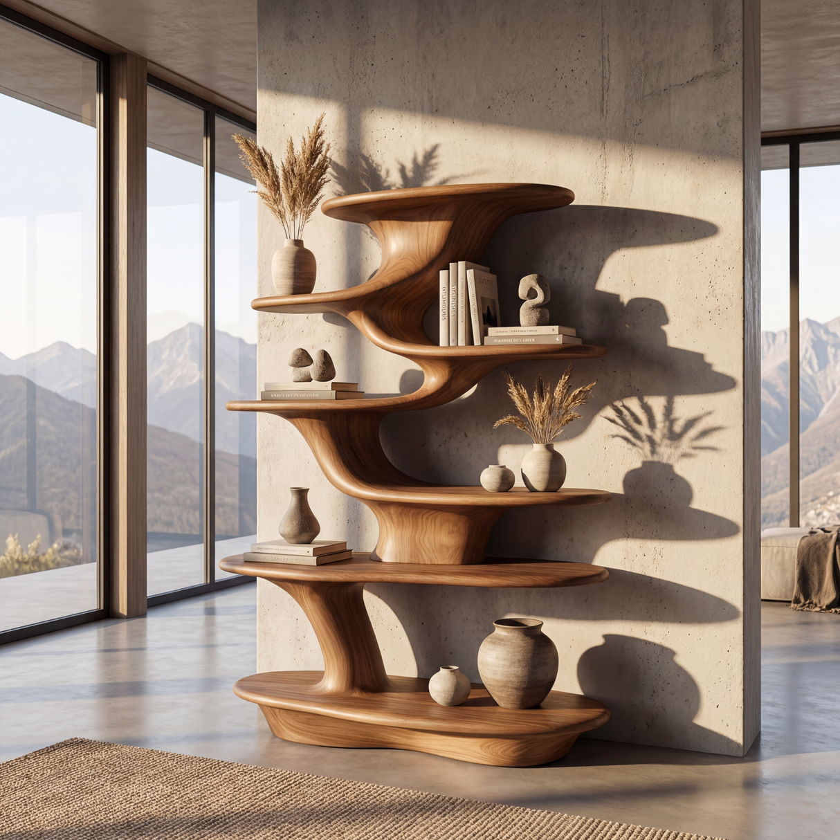 Cascade Form Wood Display Shelf with Sculpted Tiered Platforms
