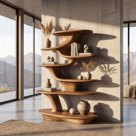 Cascade Form Wood Display Shelf with Sculpted Tiered Platforms
