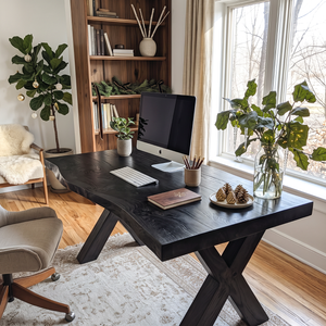 Live Edge Solid Wood Desk with Sculptural X Legs for Home Office