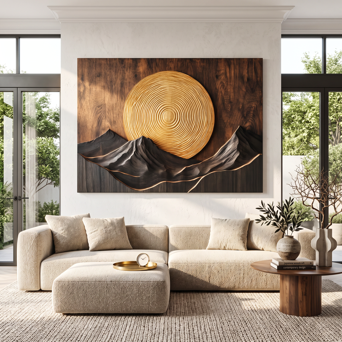 Wall Sculpture Mountain Sunset with Golden Sun and Layered Peaks