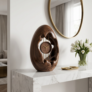 Solid Wood Oval Table Clock with Hollow Sculptural Frame