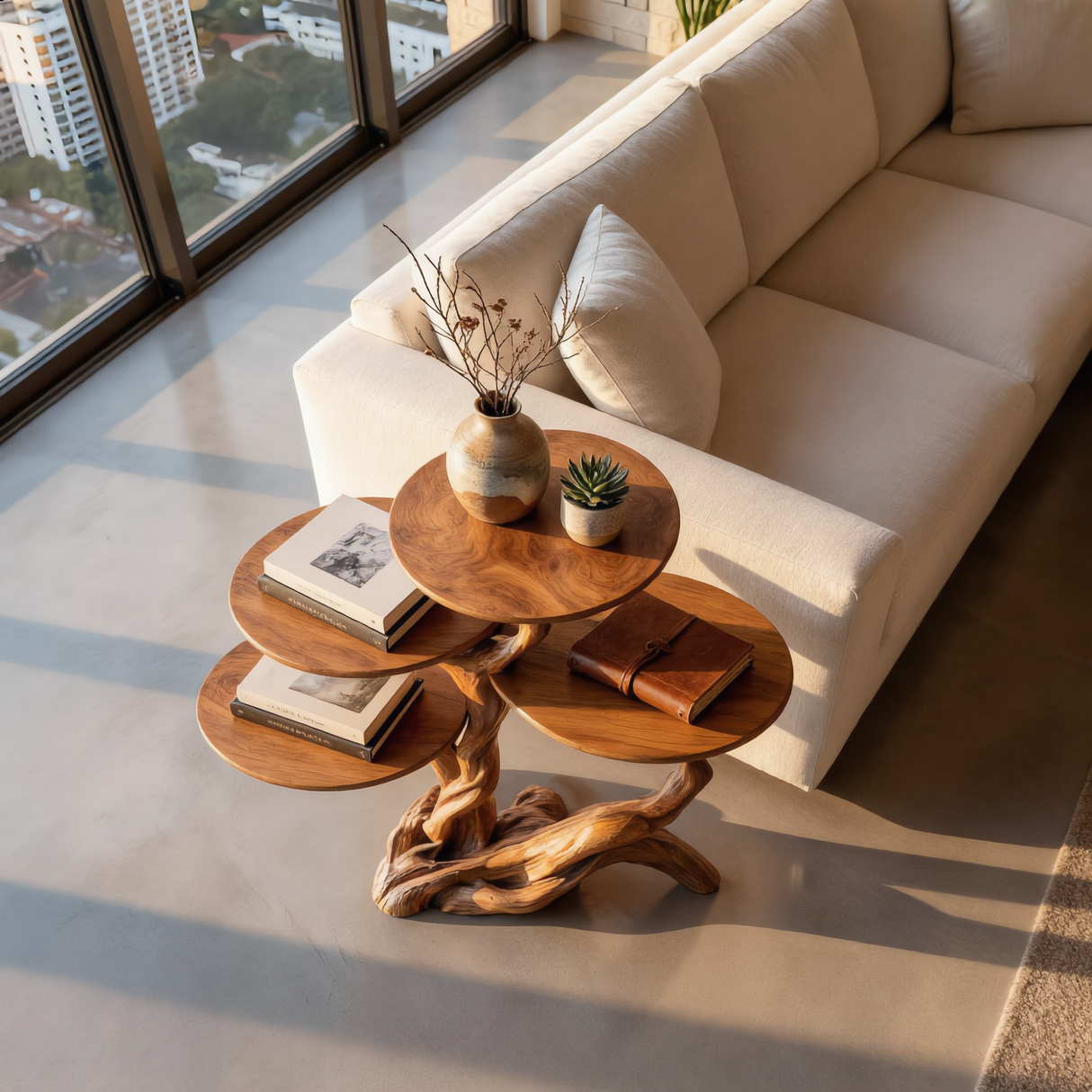 Bonsai Branch Four Tier Wood Display Table with Sculpted Organic Base