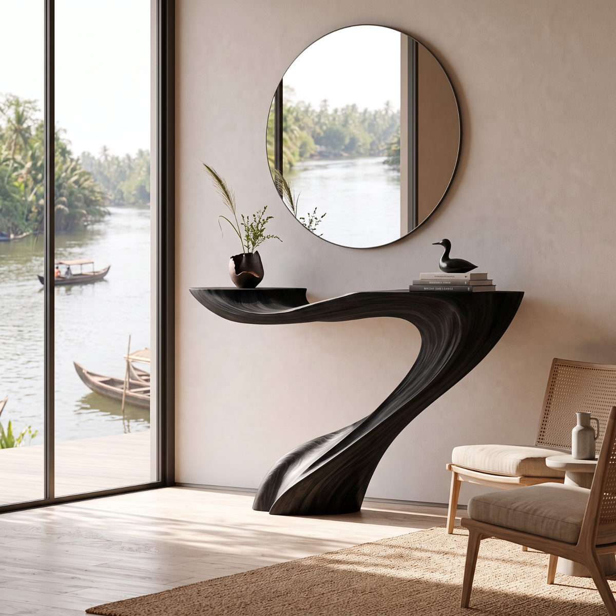 Handcrafted Solid Wood Console Table with Sweeping Wave Pedestal