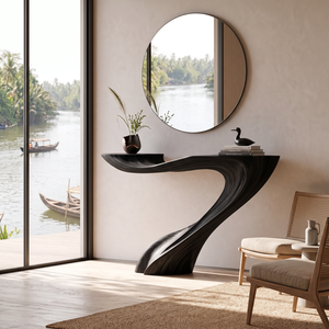 Handcrafted Solid Wood Console Table with Sweeping Wave Pedestal