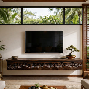 Sculptural Solid Wood Floating TV Console Cabinet