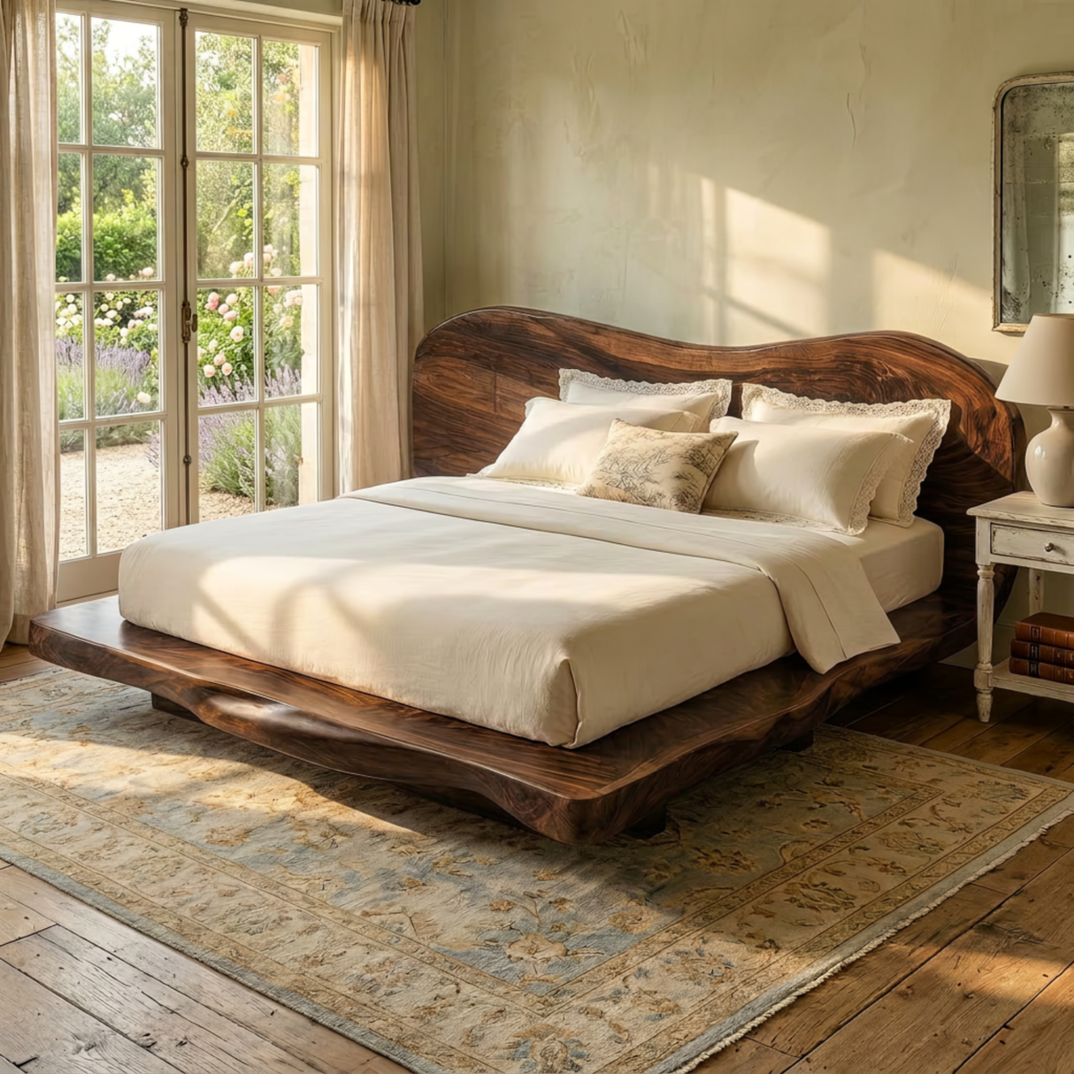 Handcrafted Solid Wood Bed with Curved Organic Headboard and Low Platform Base