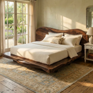 Handcrafted Solid Wood Bed with Curved Organic Headboard and Low Platform Base