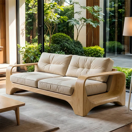 Mid Century Solid Wood Sofa  Sculpted Frame Wooden Couch with Leather Cushions