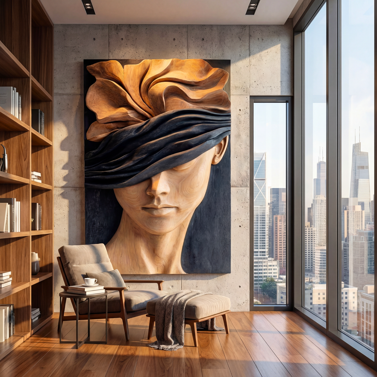 Silent Bloom Wooden Relief Portrait Sculpture Wall Art