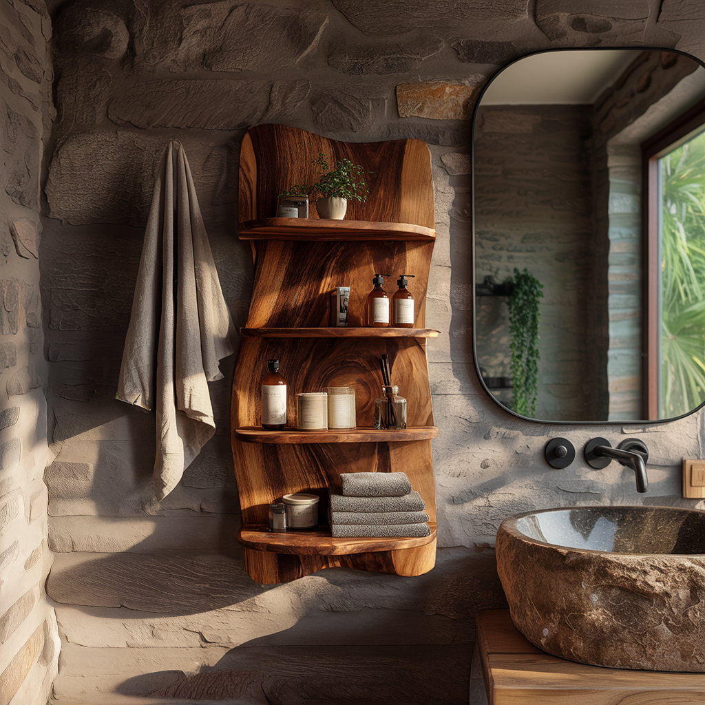 Live Edge Solid Wood Bathroom Wall Shelf